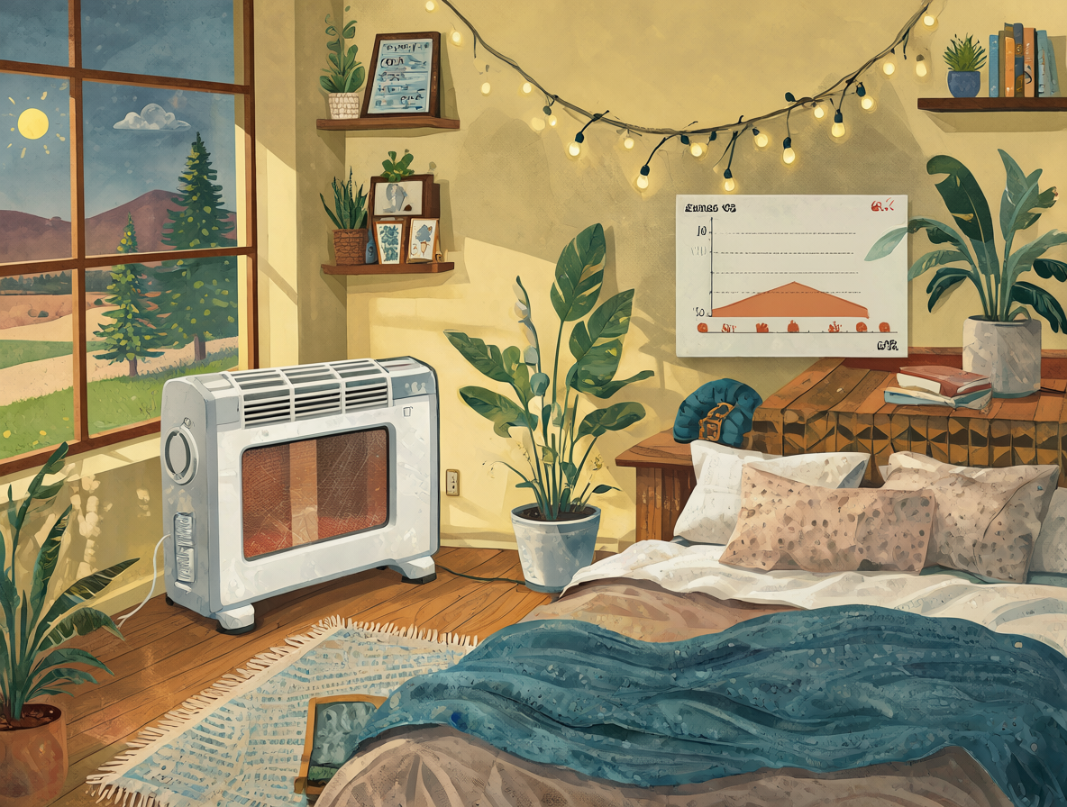 Ilustración de un dormitorio con un calefactor eléctrico y una gráfica de costos energéticos.