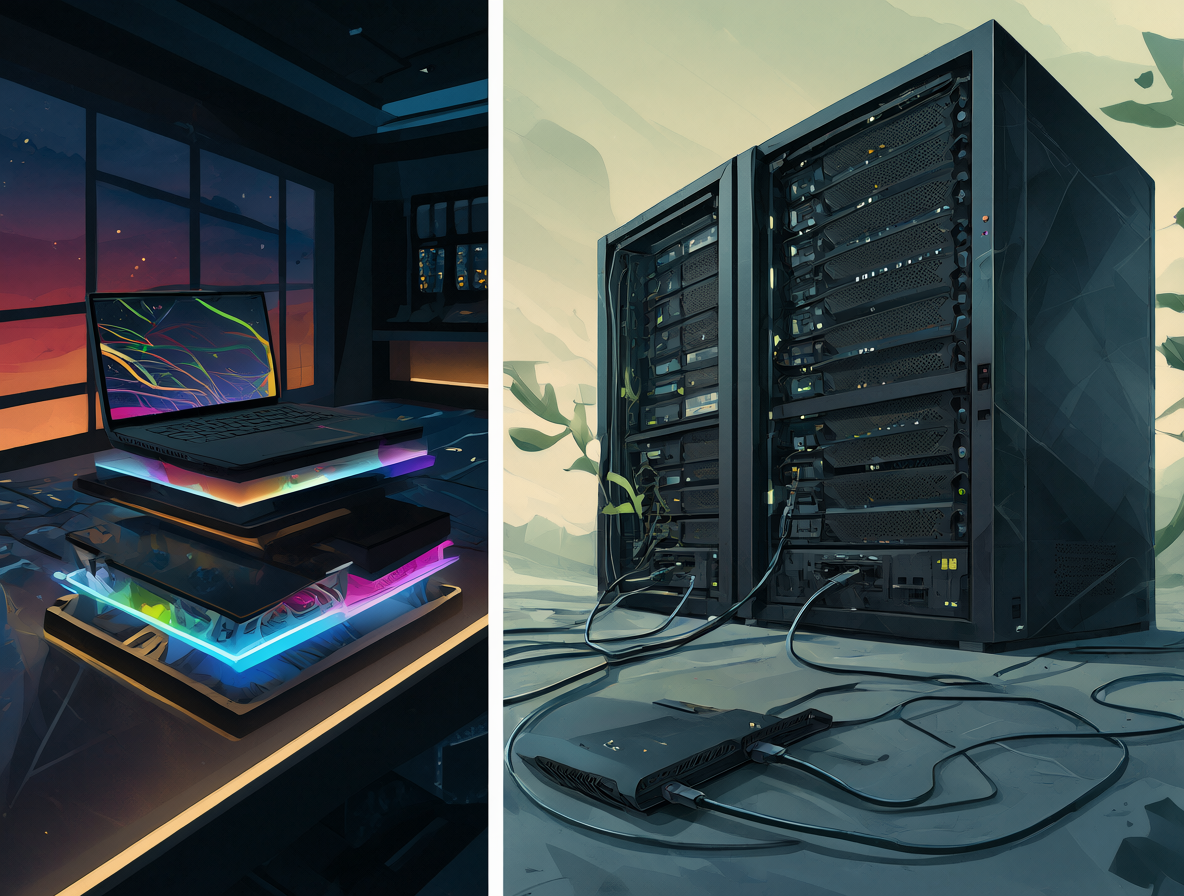 Ilustración mostrando la diferencia entre un notebook de alto rendimiento y un equipo conectado remotamente.