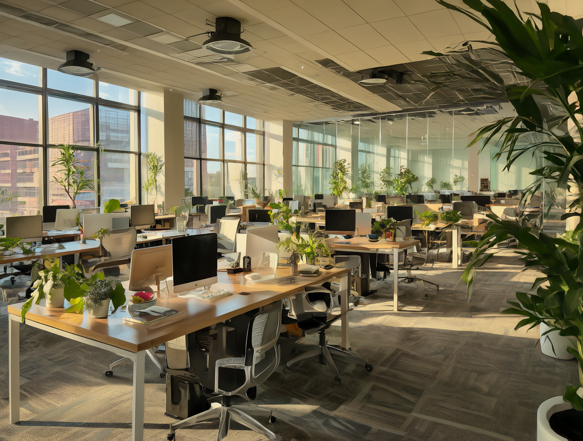 Interior de una oficina luminosa con escritorios modernos y plantas decorativas