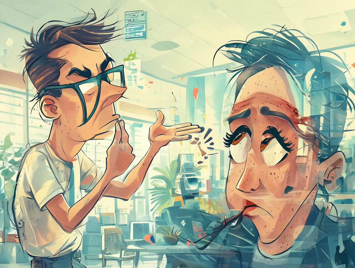 Ilustración conceptual mostrando la dinámica de mansplaining entre dos personas en un entorno profesional.