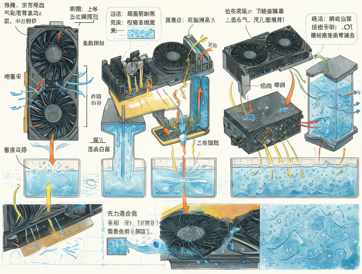 Diagrama comparativo de temperaturas mínimas en GPUs usando enfriamiento por aire, agua, chiller y criogénico.