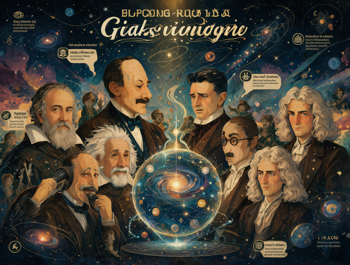 Ilustración de Galileo, Einstein, Jung, Planck, Tesla, Frankl y Newton junto a una esfera cósmica, mostrando su visión de Dios y comparándola con el cristianismo.