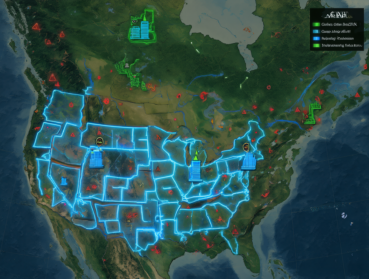Mapa vectorial detallado mostrando el territorio de Estados Unidos fragmentado en diferentes entidades soberanas o controladas por corporaciones.