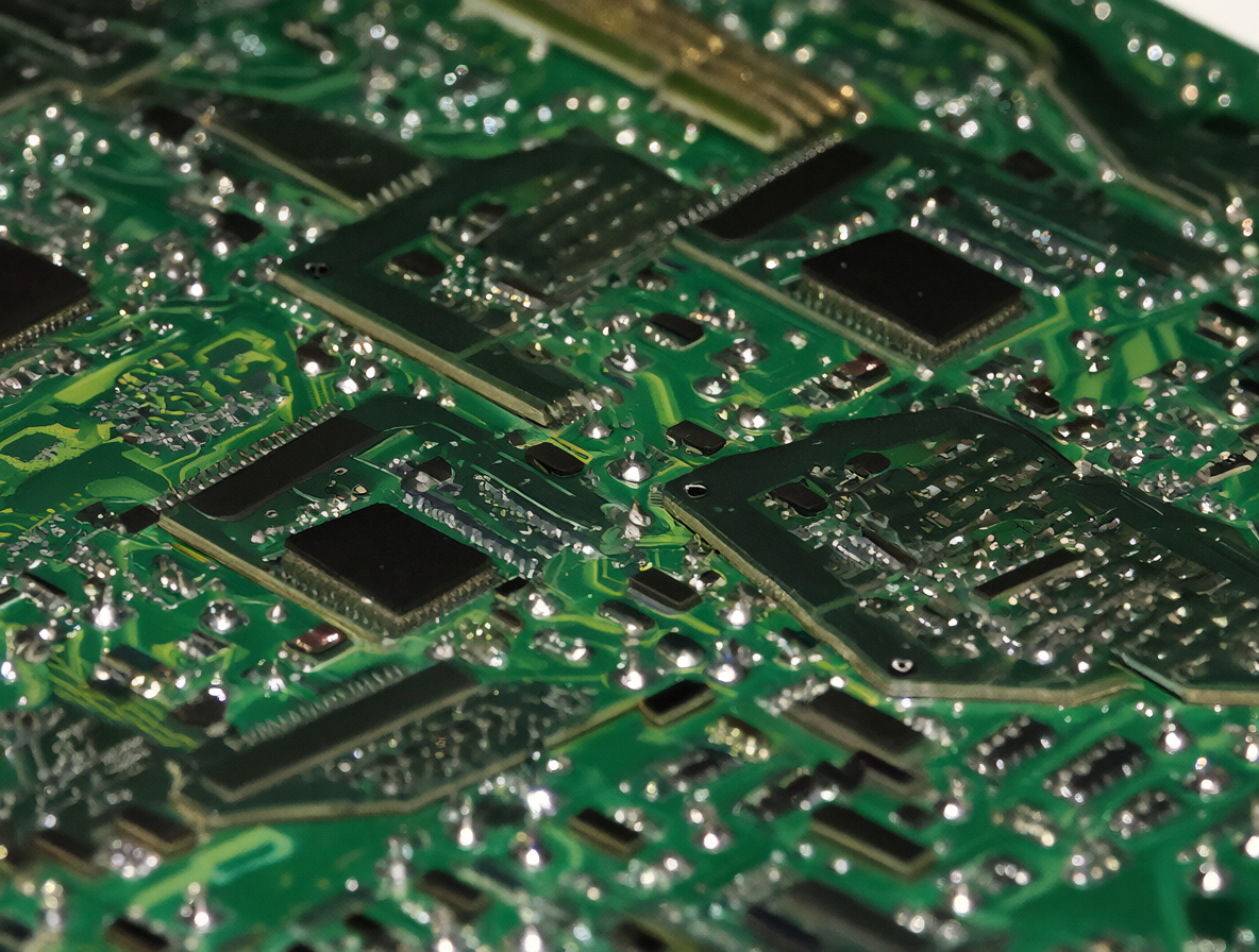 Macro shot of a graphics card PCB showing directly soldered VRAM chips with no expansion slots.