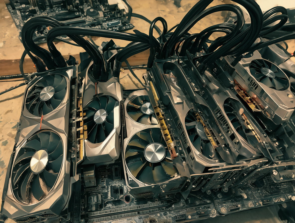 Illustration of a home multi-GPU cluster setup with used graphics cards and power cables.