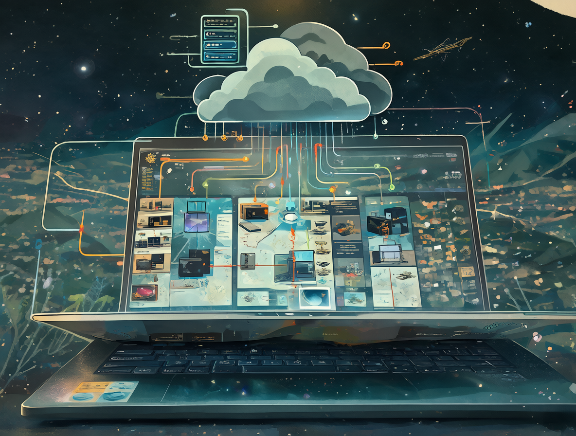 Laptop displaying a large language model with a cloud server icon hovering above it.