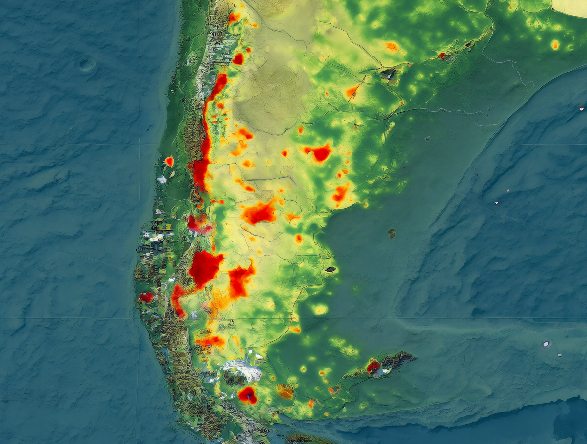 Un mapa de Chile con indicadores visuales de alta densidad en la capital y zonas costeras.