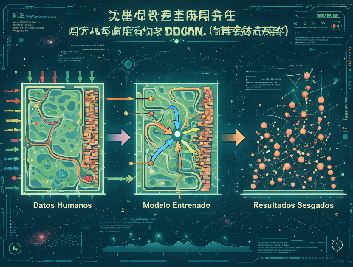 Diagrama conceptual mostrando cómo los datos sesgados de entrenamiento influyen en la salida del modelo de inteligencia artificial.