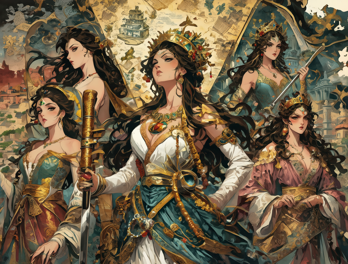 Ilustración digital detallada de varias figuras femeninas históricas en roles de liderazgo.