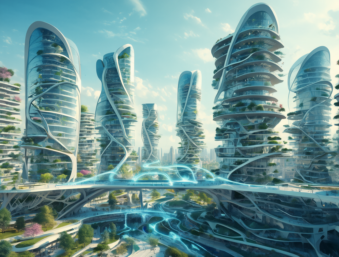 Ciudad futurista y diversa con tecnología avanzada integrando la vida urbana