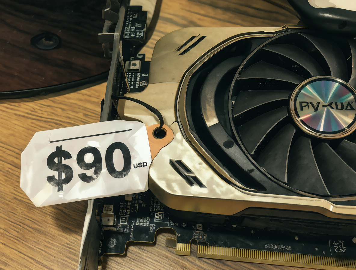 Una tarjeta gráfica NVIDIA GeForce GTX 1070 usada sobre un escritorio, con una etiqueta de precio de $90 USD al lado.