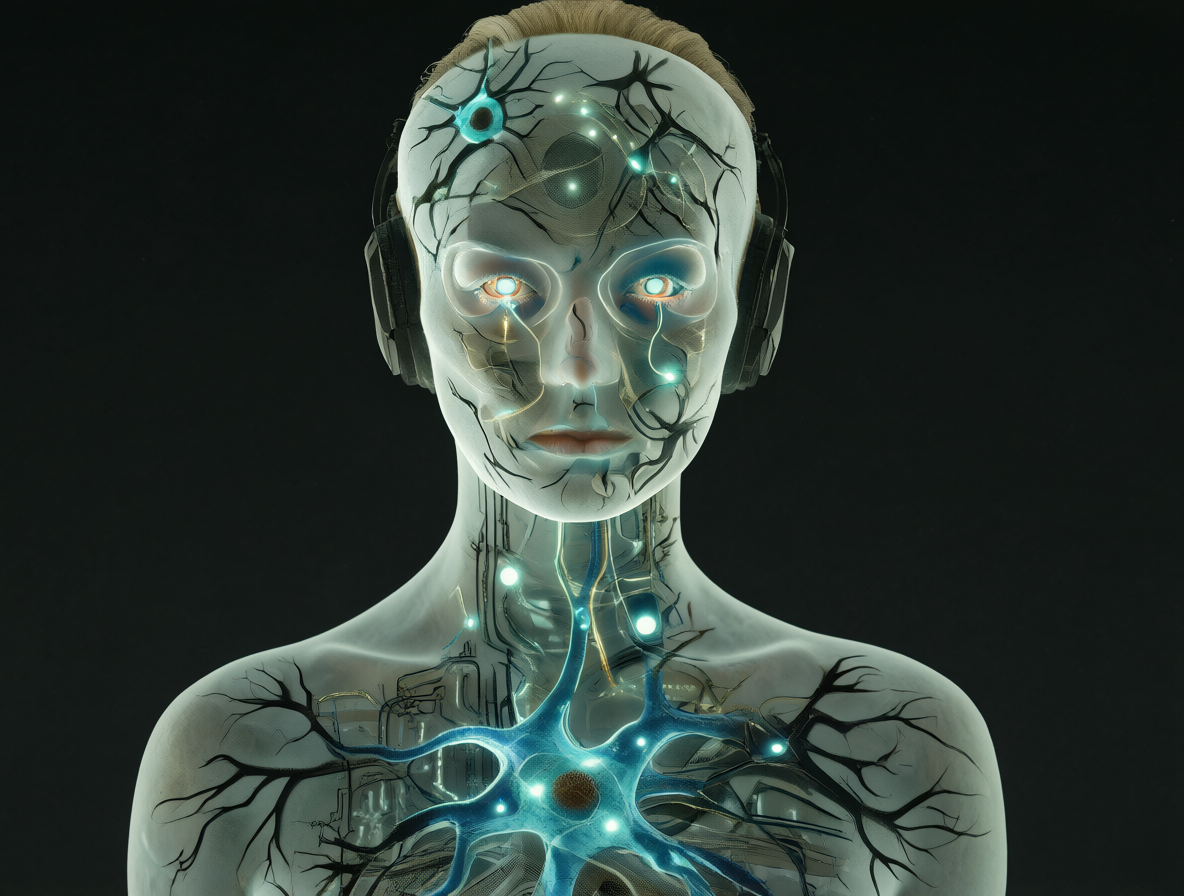 Retrato de una persona con circuitos neuronales visibles bajo la piel, simbolizando los filtros sensoriales y cognitivos humanos.