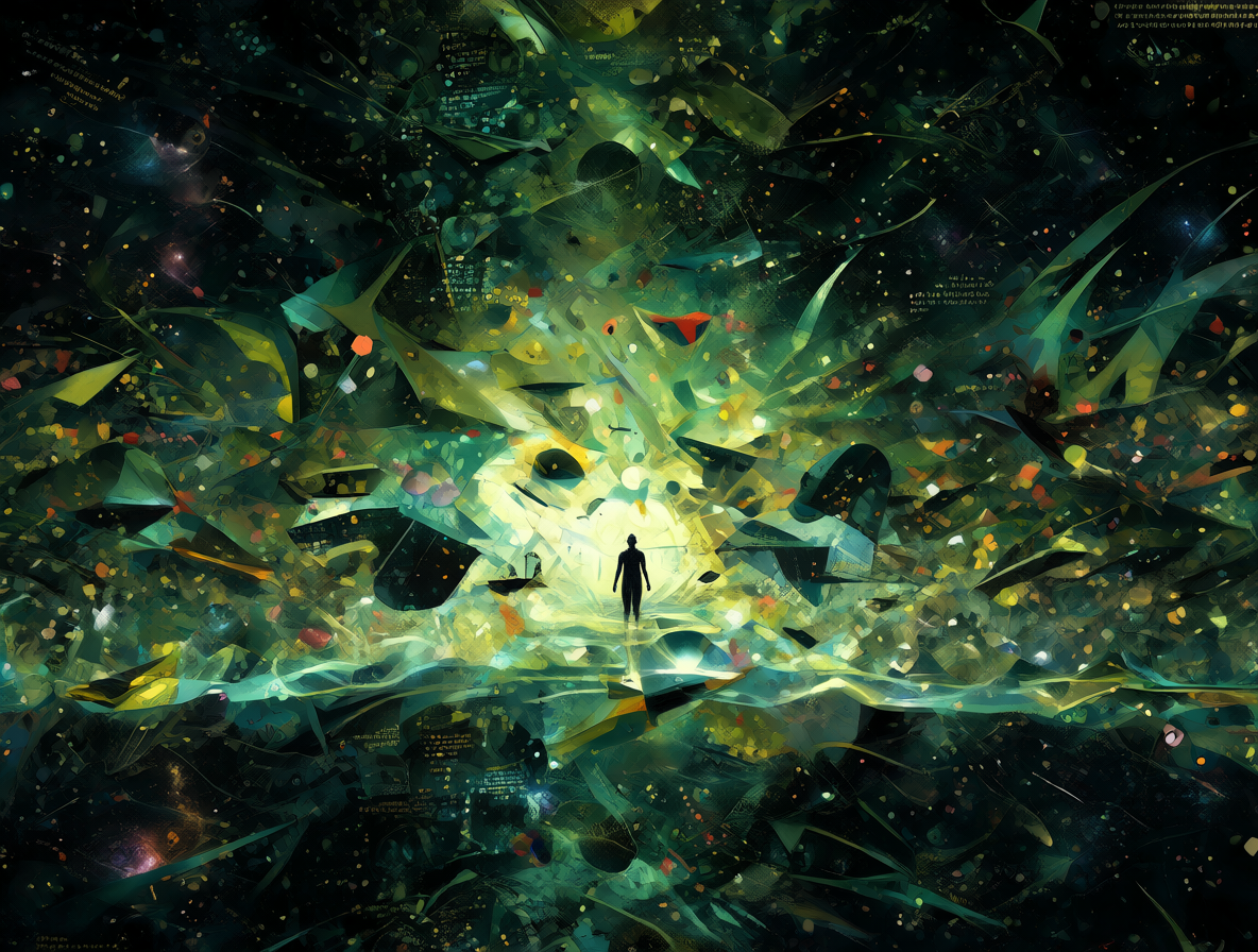 Una silueta humana rodeada por un fondo abstracto de código binario y formas geométricas distorsionadas, simbolizando un entorno radicalmente diferente.