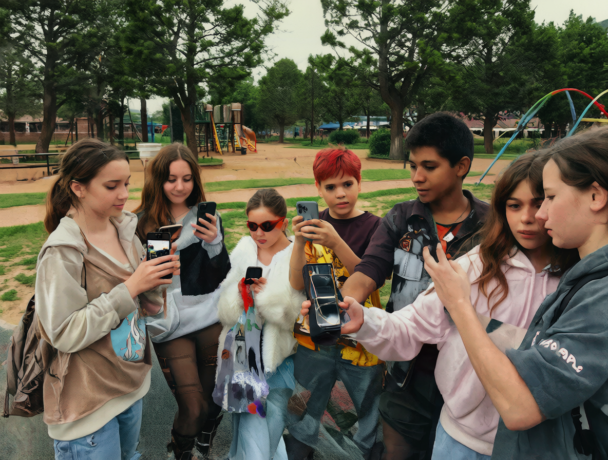 Niños y adolescentes usando celulares al aire libre