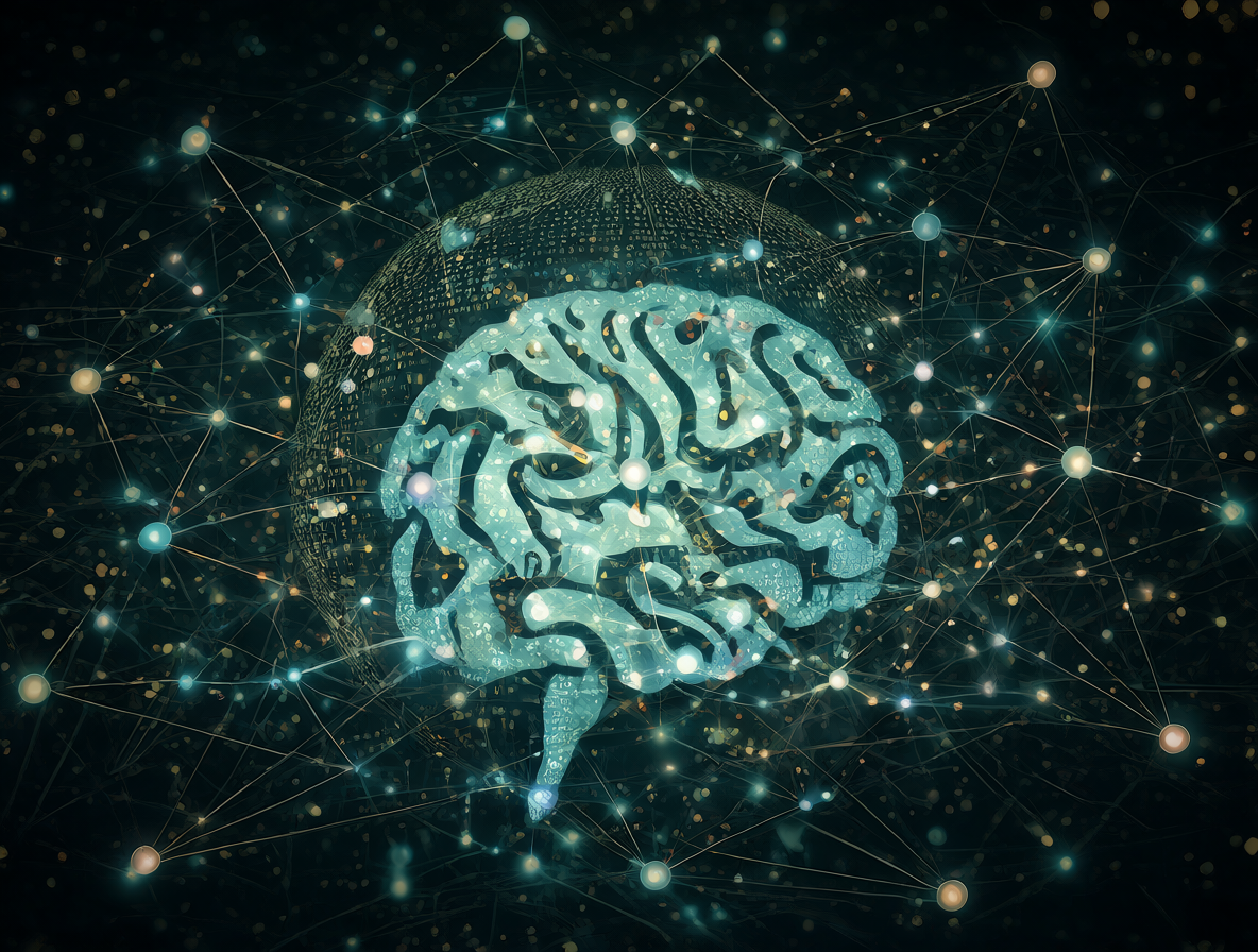 Imagen conceptual de una red neuronal brillante y un icono de cerebro hecho de código binario, sobre fondo oscuro tecnológico.