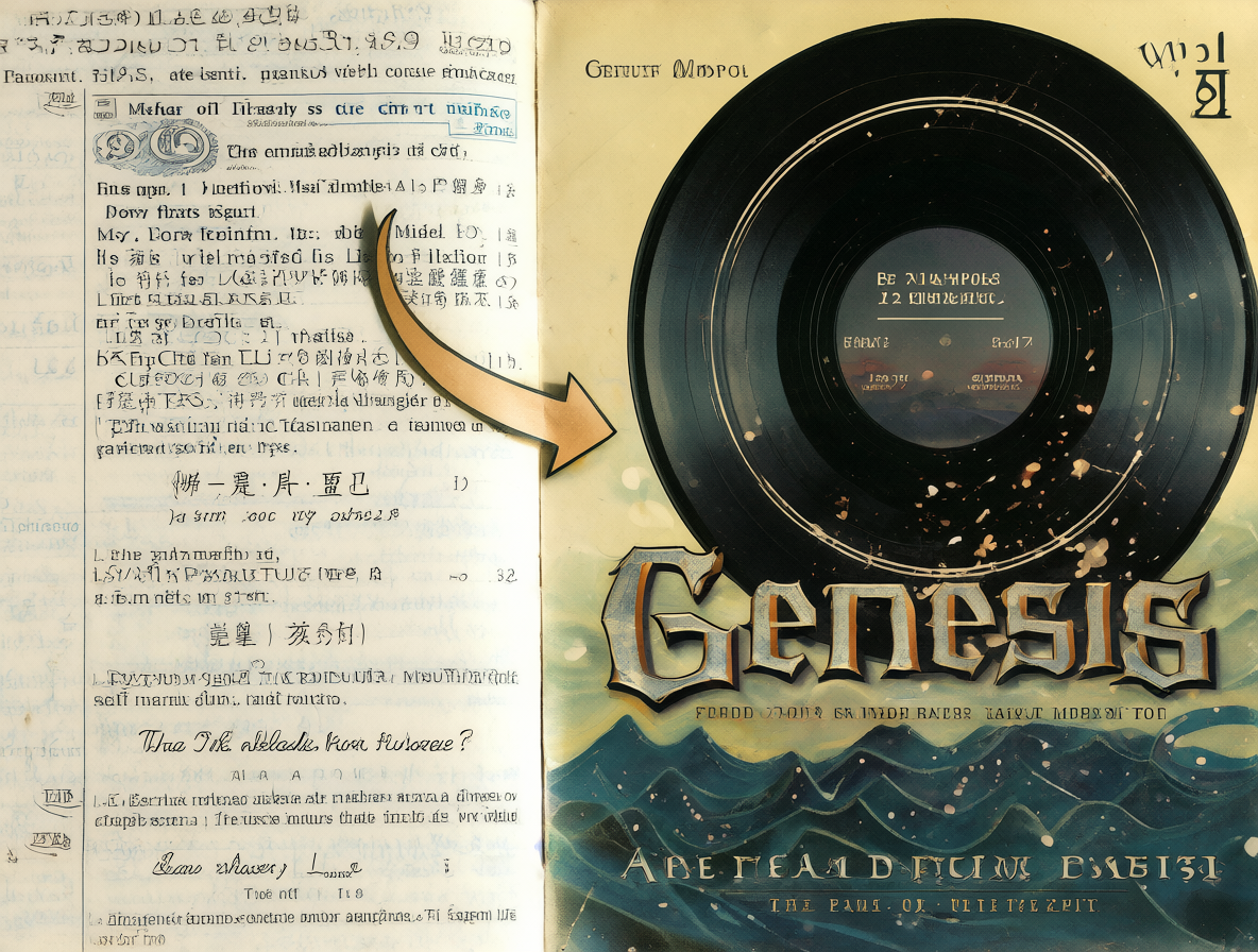 Composición dividida mostrando una Biblia abierta y un vinilo del Alan Parsons Project con flecha conectándolos.