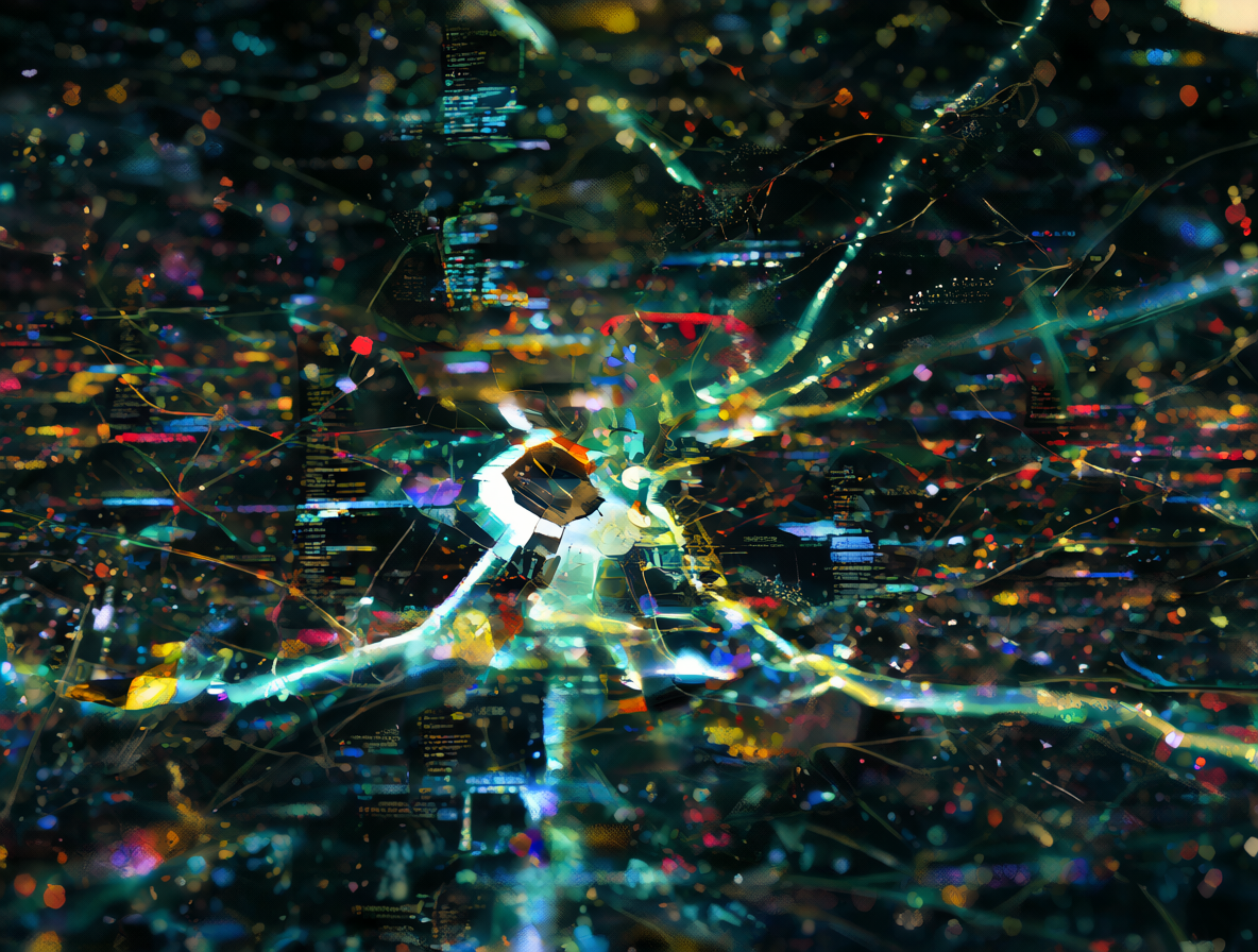 Interior de un modelo de IA con fragmentación visual y glitches digitales.