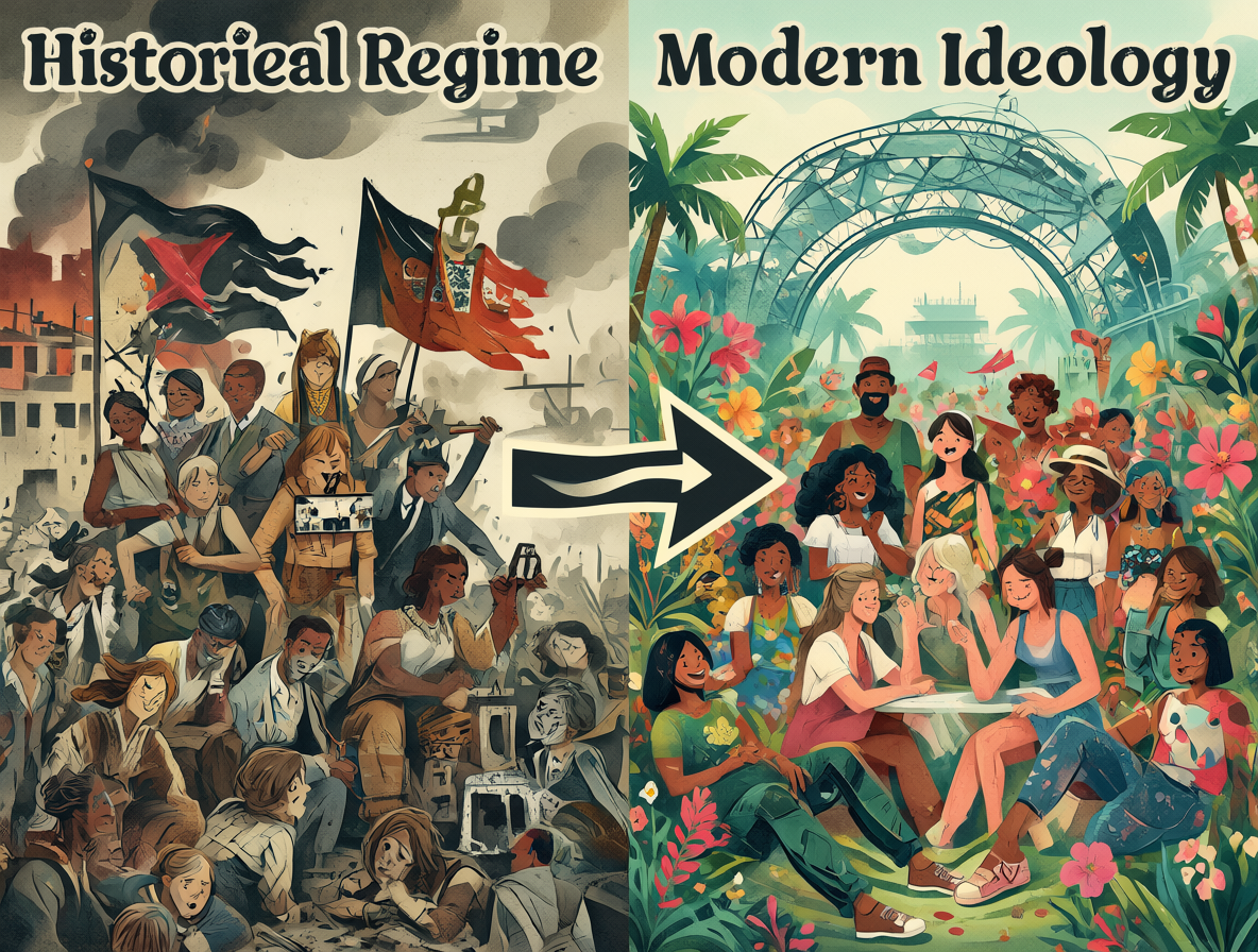Split-screen image comparing historical regime actions with modern ideological support for social rights.