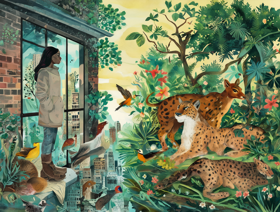 Ilustración dividida mostrando la separación humana versus la conexión natural.
