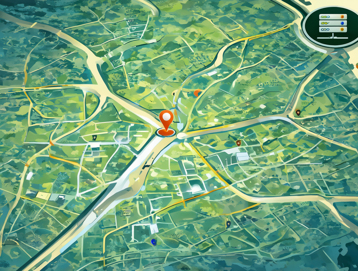 Mapa digital con un pin y un icono de servidor