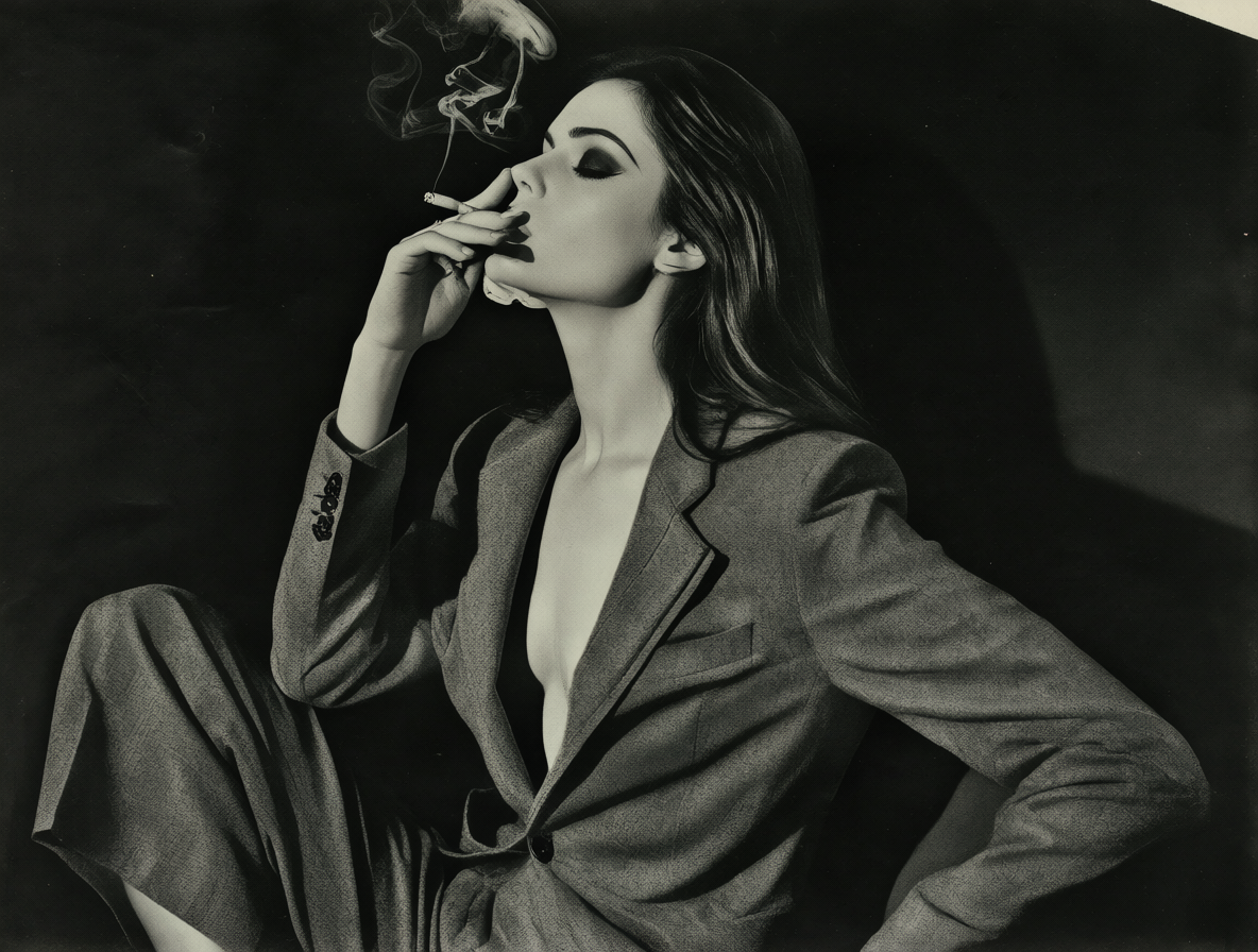 Fotografía artística y sofisticada de una mujer usando un traje sastre realista, capturando una atmósfera sensual e íntima.