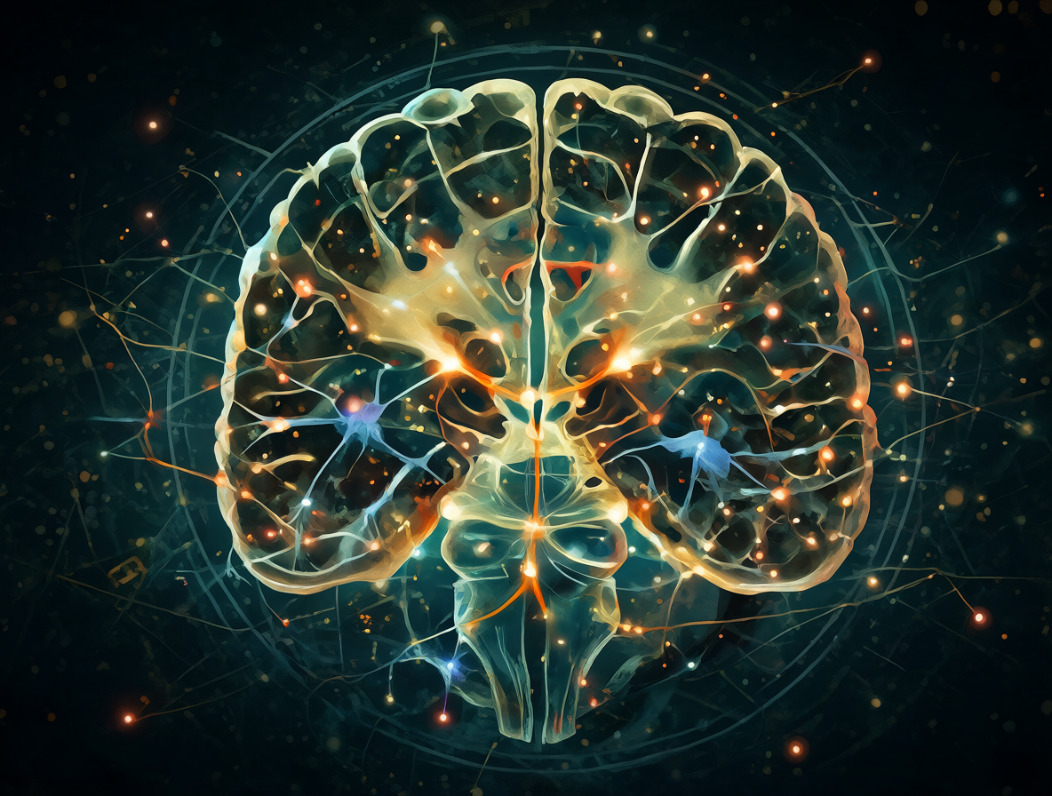 Diagrama detallado del cerebro humano con nodos brillantes que muestran cómo los estímulos simples pueden desencadenar reacciones profundas en la red neural.