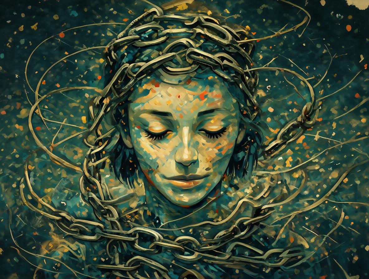Retrato abstracto de una persona que parece tranquila y feliz, con líneas digitales brillantes envolviendo su cabeza como cadenas hechas de abrazos, representando el arquetipo del Mulo donde la manipulación es aceptada voluntariamente.