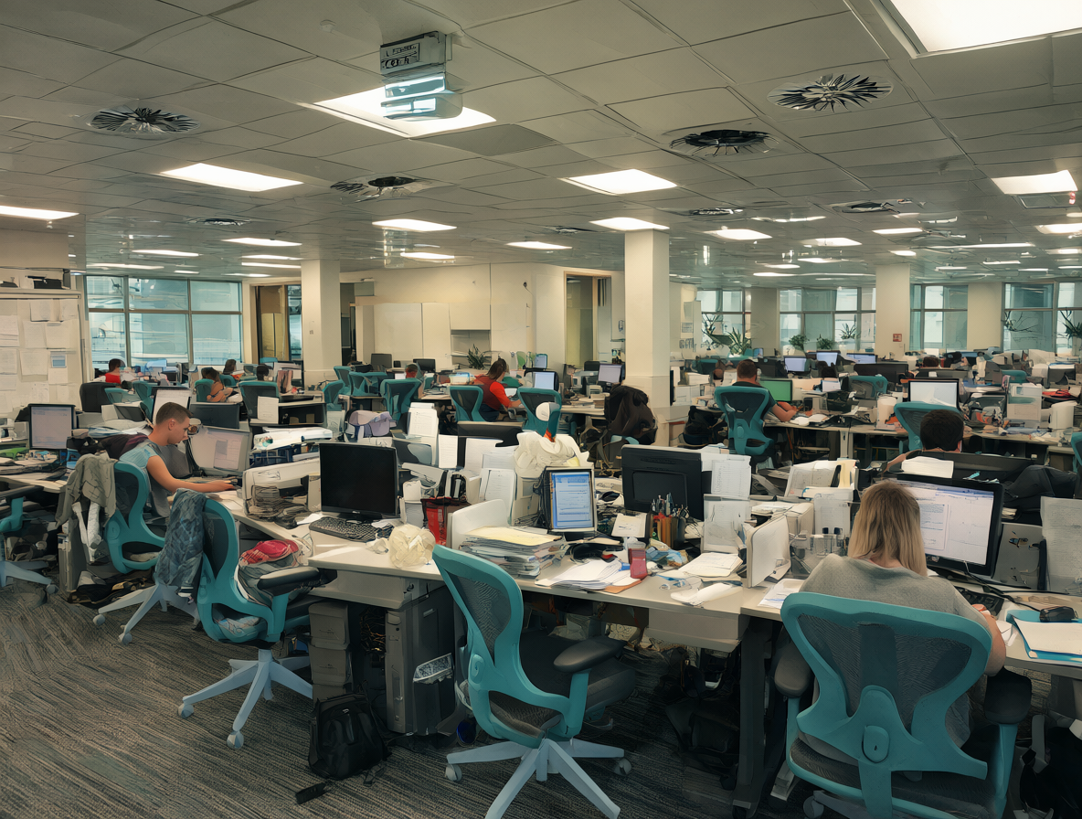 Oficina empresarial con múltiples empleados usando sus equipos de trabajo.