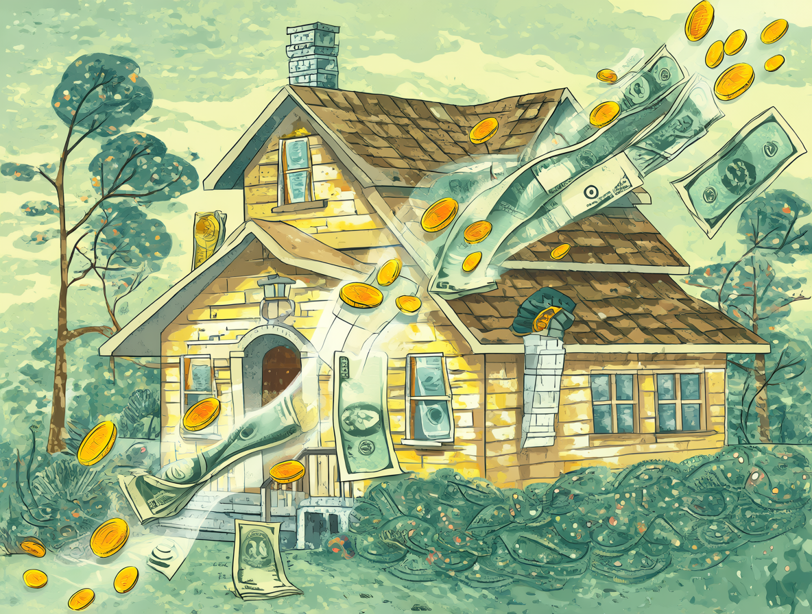 Ilustración que representa la venta de una propiedad inmobiliaria y su conversión en inversiones financieras.