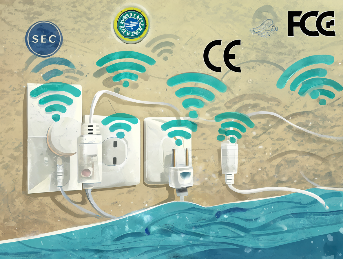 Ilustración de enchufes WiFi conectados a tomas eléctricas con logos de certificación SEC.
