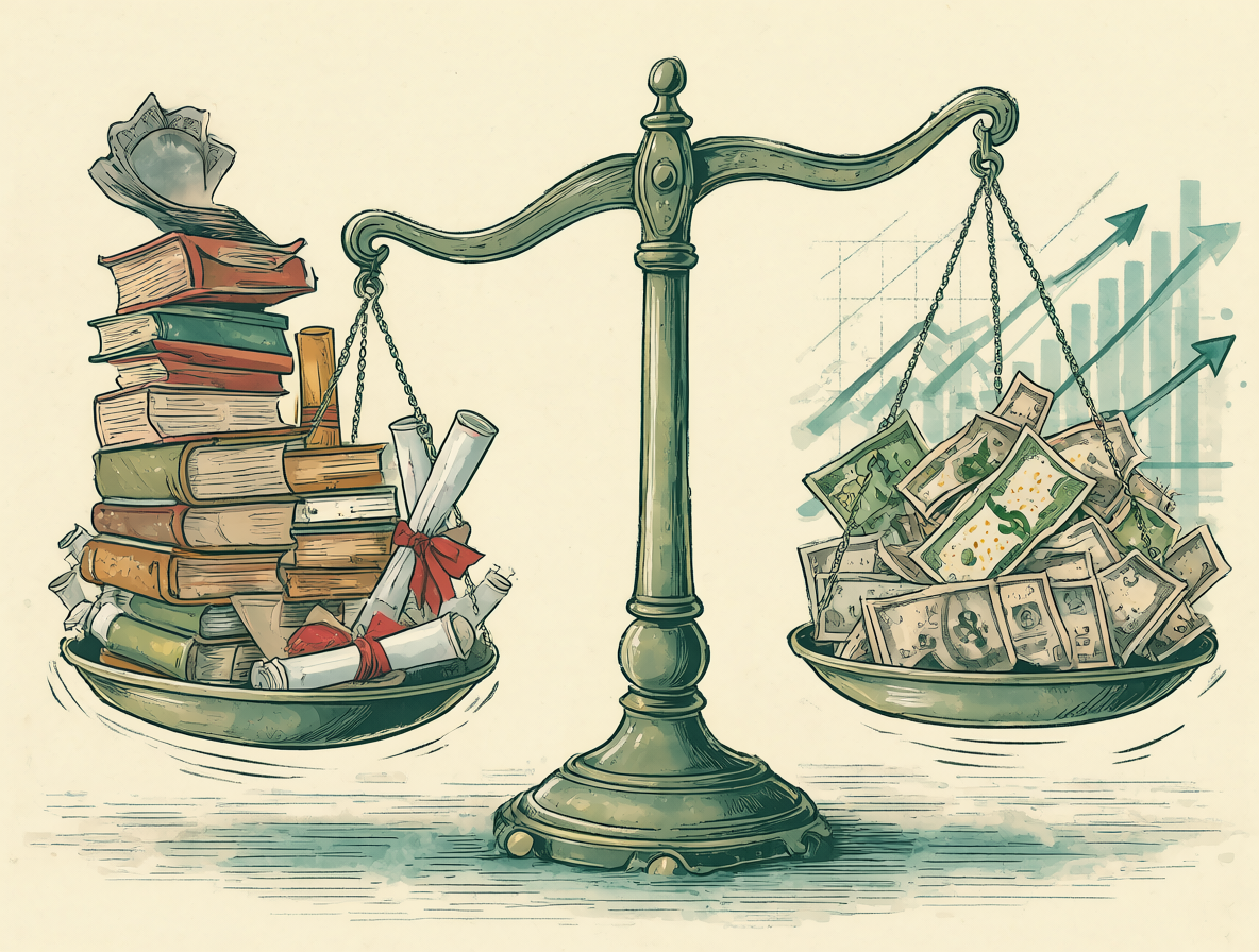 Una balanza con libros a un lado y símbolos financieros al otro, mostrando una desigualdad en el equilibrio.