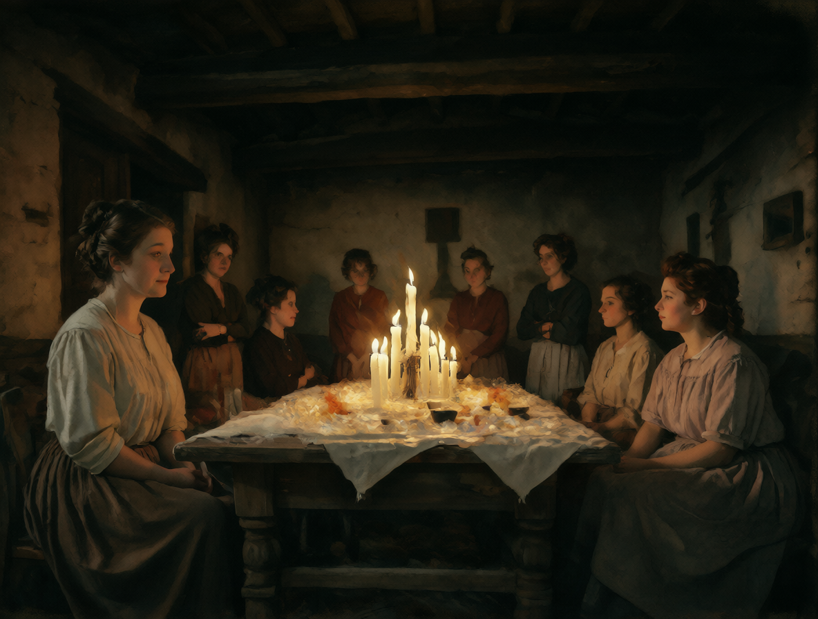 Mujeres reunidas alrededor de una mesa con velas encendidas en un ambiente rural antiguo.