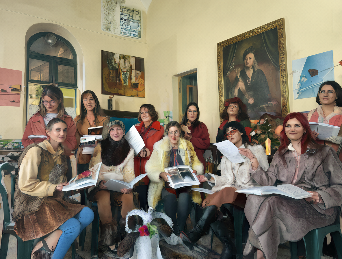 Grupo de mujeres modernas estudiando libros en una sala luminosa con un retrato conmemorativo al fondo.