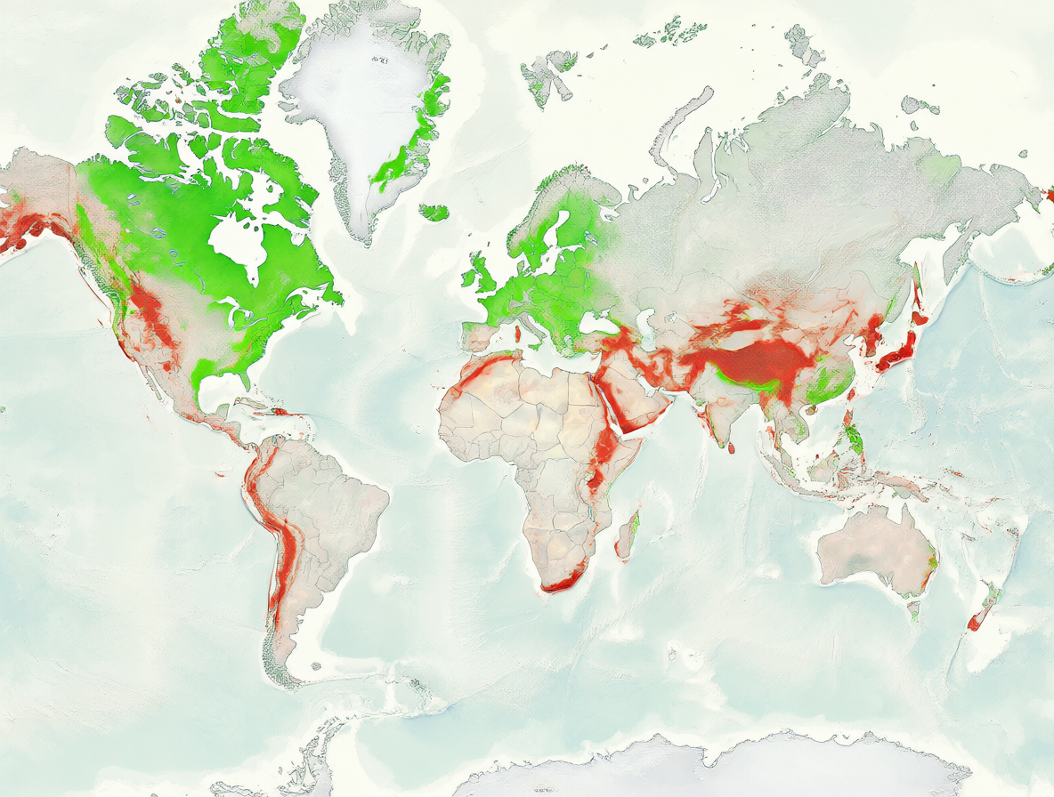 Mapa mundial destacando regiones estables como el Escudo Canadiense frente a zonas sísmicas activas