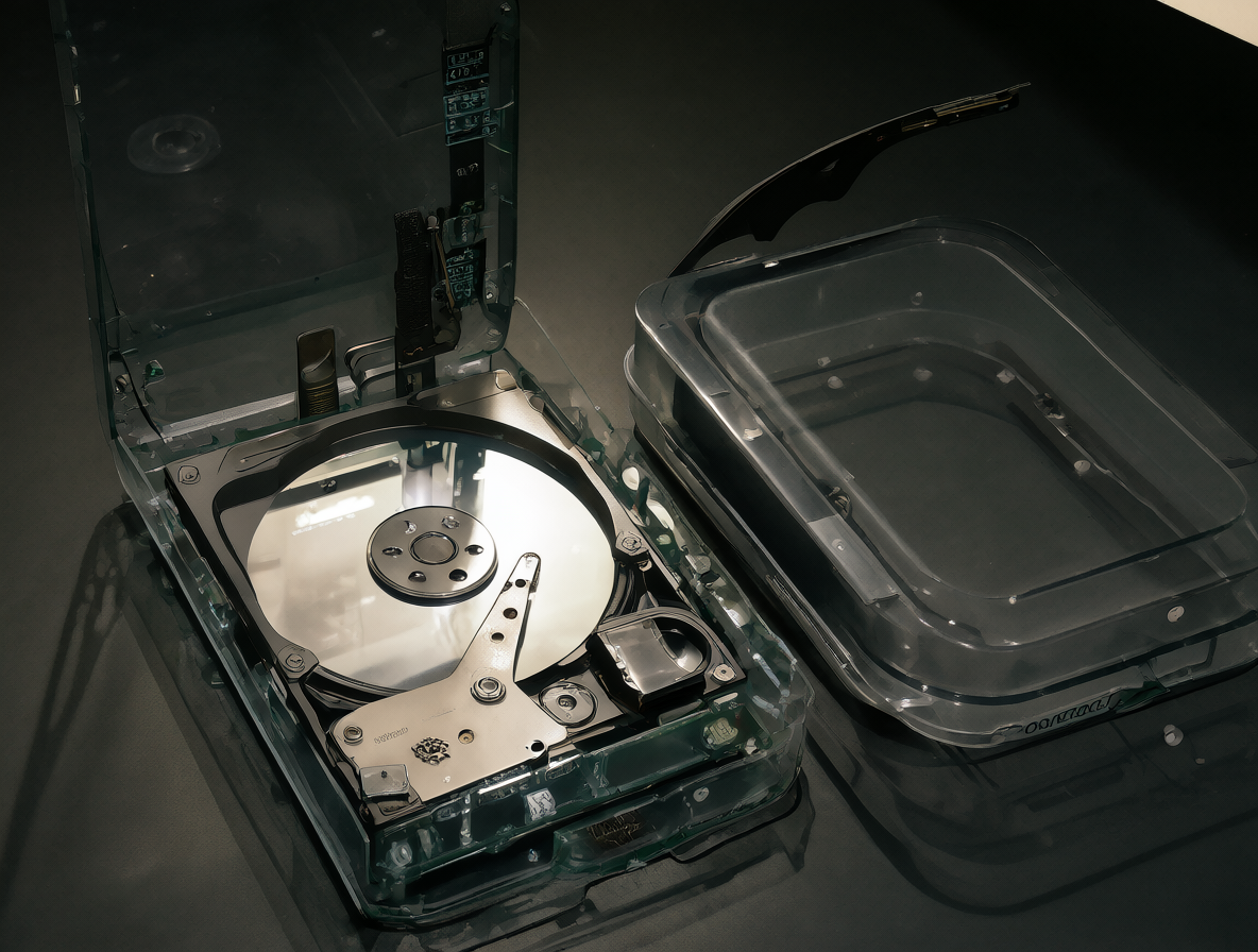 Imagen técnica mostrando un case externo transparente con un disco duro de 2.5 pulgadas insertado, comparando grosor.