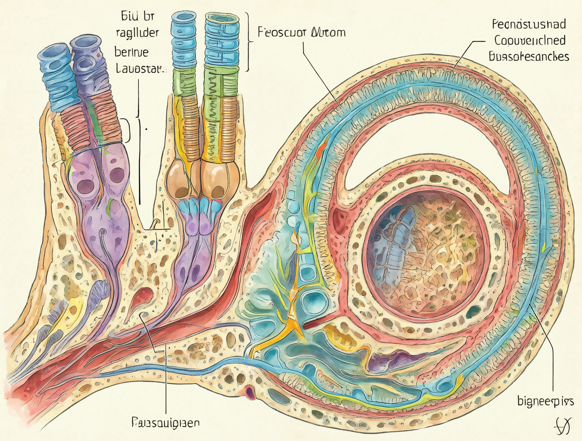 Diagrama anatómico de la cóclea humana mostrando células ciliadas y zonas de frecuencia.