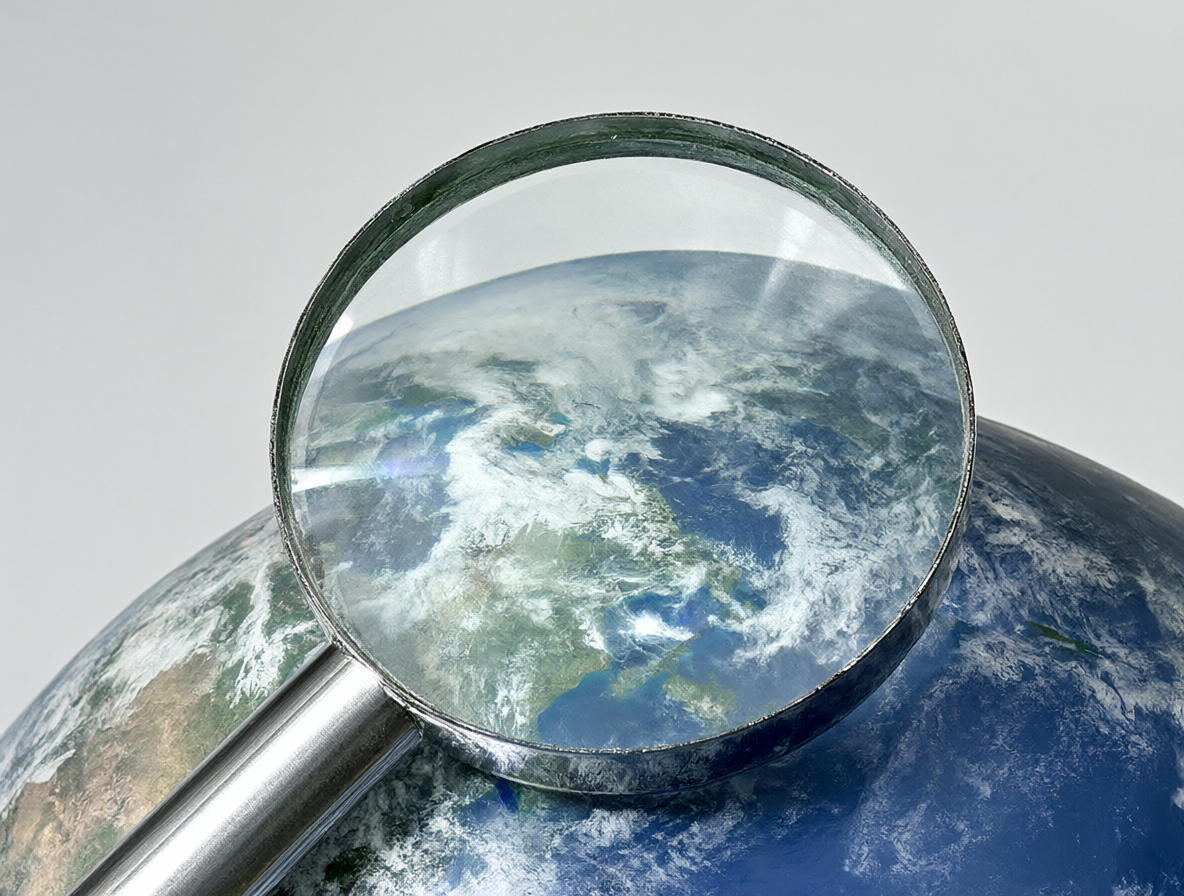 Una representación visual del lenguaje actuando como una lupa o filtro sobre el mundo, mostrando cómo la cultura se ve a través de él.