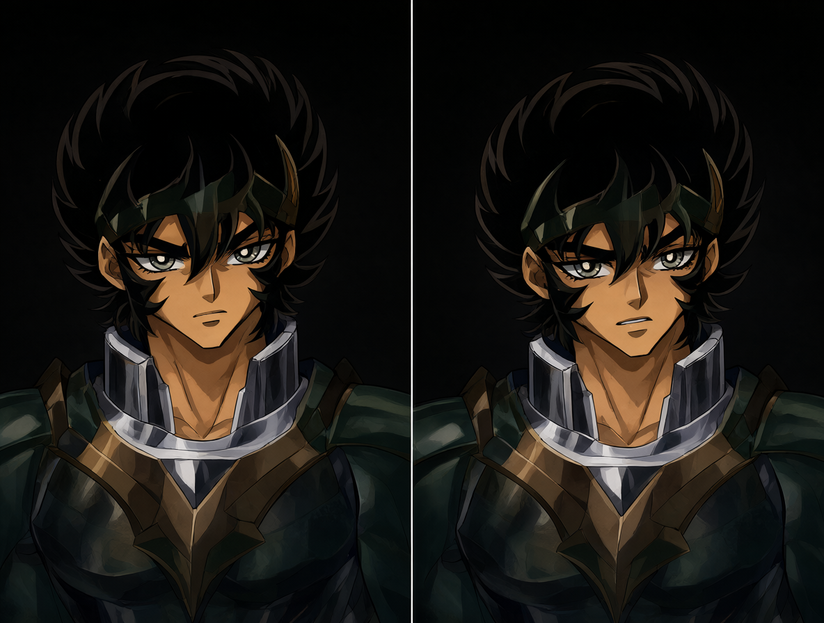 Comparación visual entre un personaje de anime rígido y una versión más humana del mismo, ilustrando el problema de la traducción cultural.