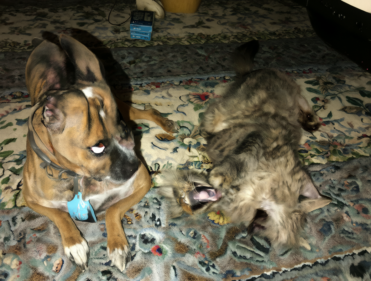 Perro cojeando fingido y gato dando vueltas.