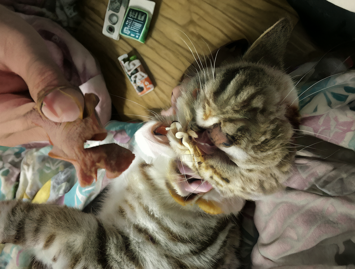 Propietario alimentando felino feliz.