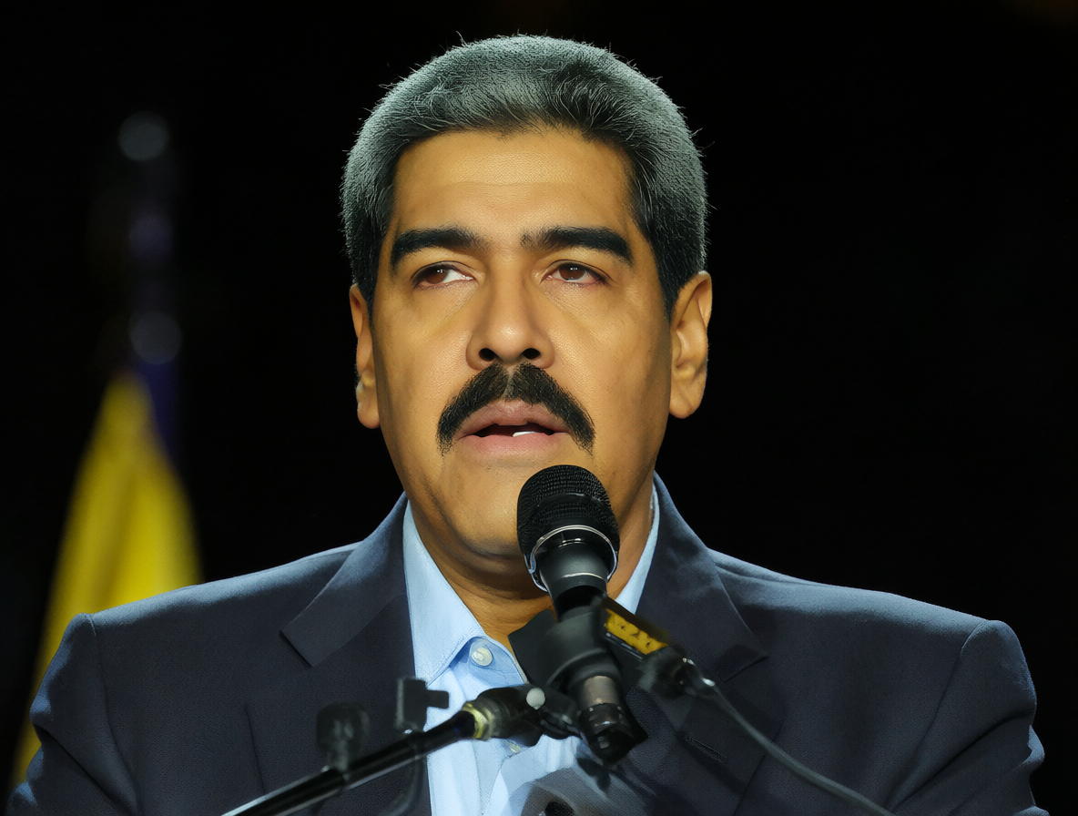 Retrato de Nicolás Maduro hablando ante una audiencia con elementos de la bandera venezolana.