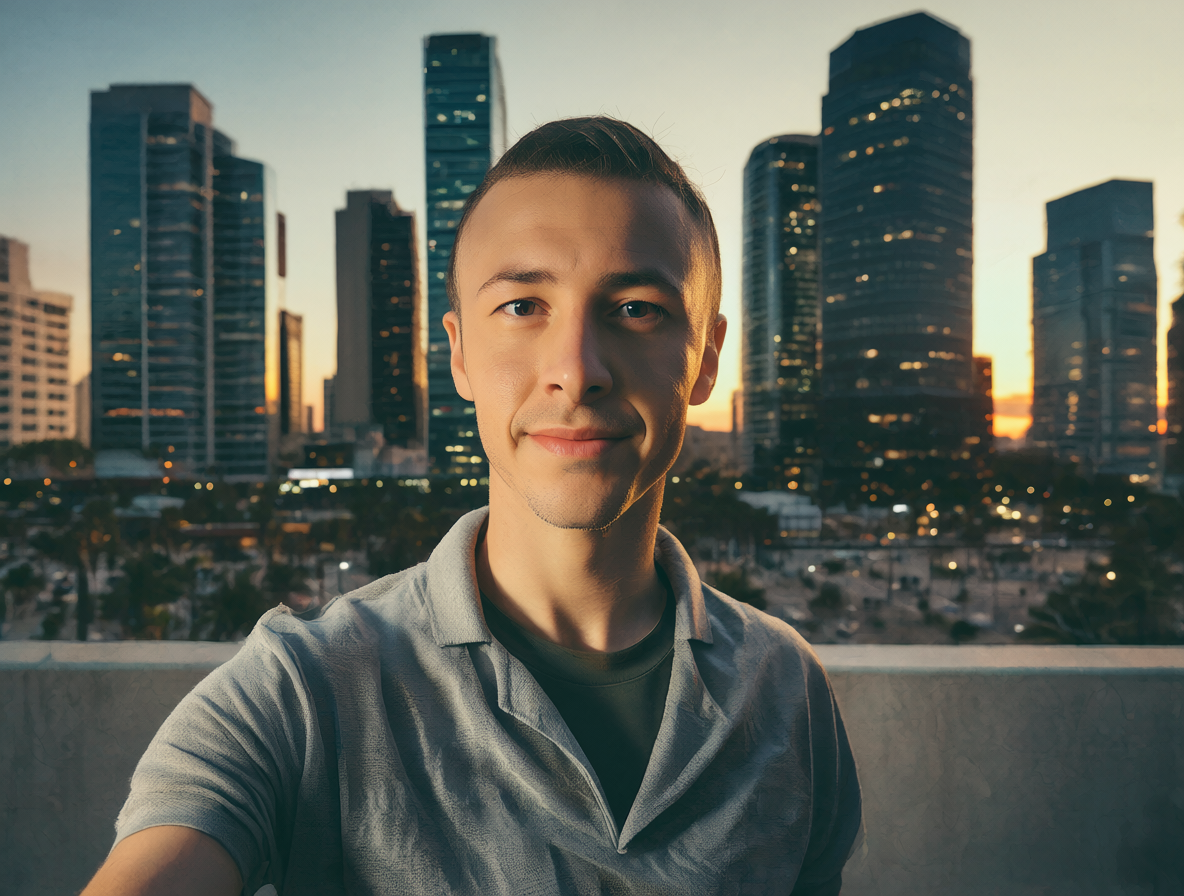 Retrato de una persona en un entorno urbano con postura firme y expresión serena, bajo luz de atardecer.
