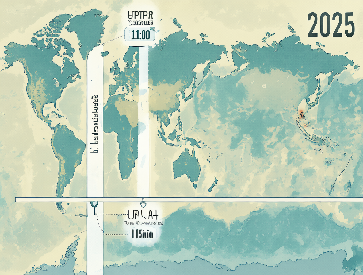 Línea de tiempo del año 2025 mostrando los cambios de zona horaria y marcando las 11:00 AM como la mitad exacta del año.