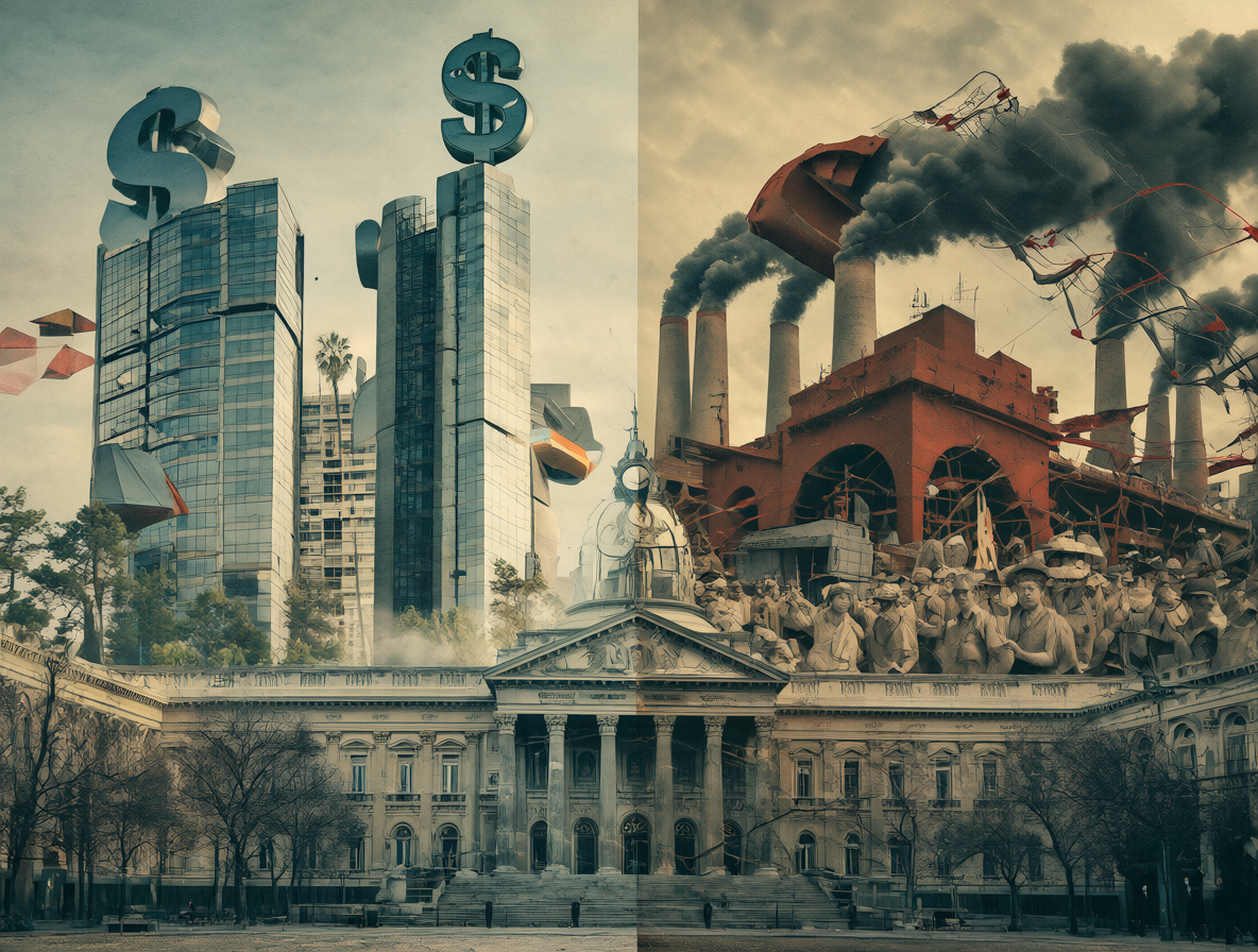 Composición dividida mostrando los contrastes económicos en Chile con símbolos de capitalismo y socialismo.