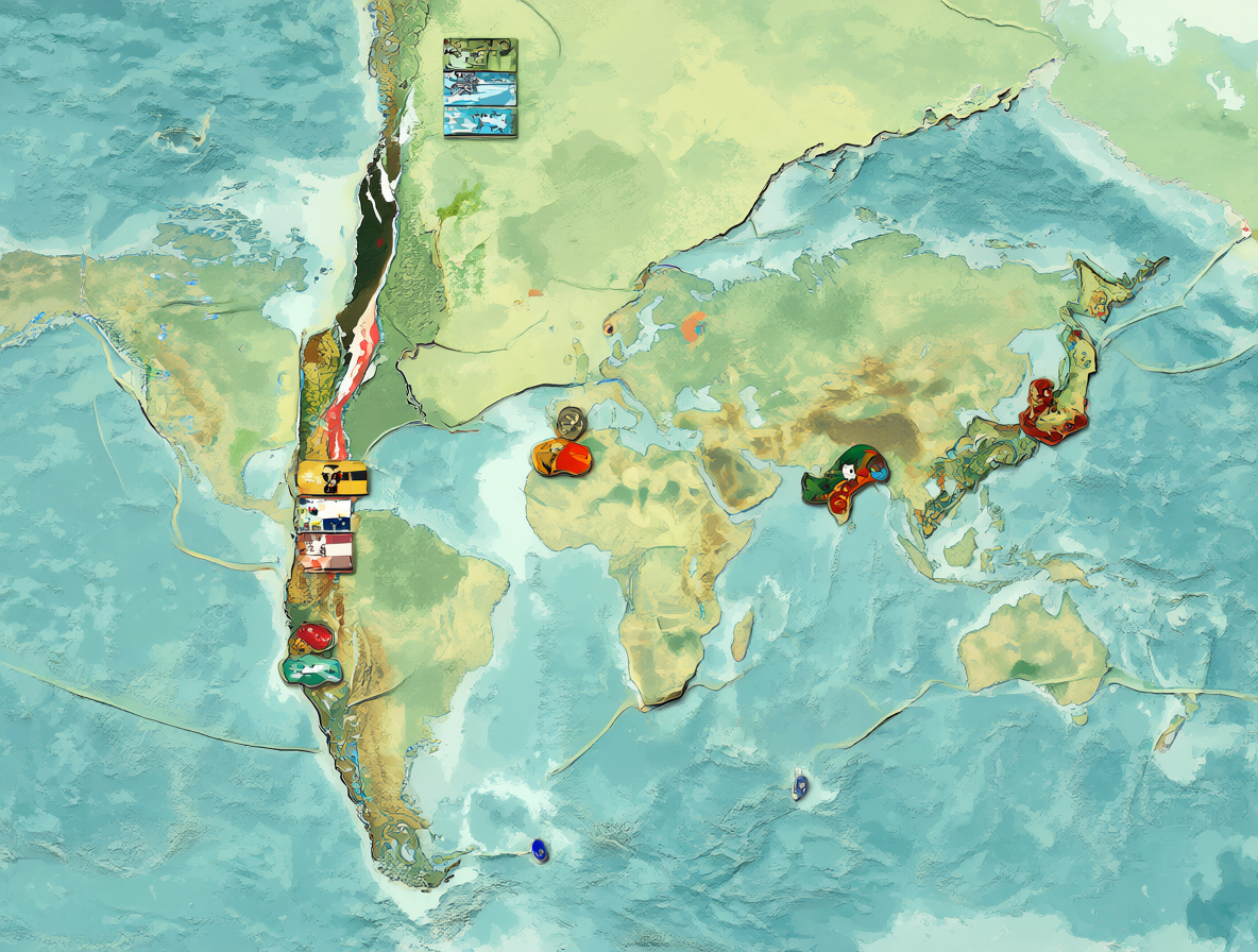 Mapa estilizado que compara la presencia de partidos comunistas en Chile, Portugal, Japón e India.