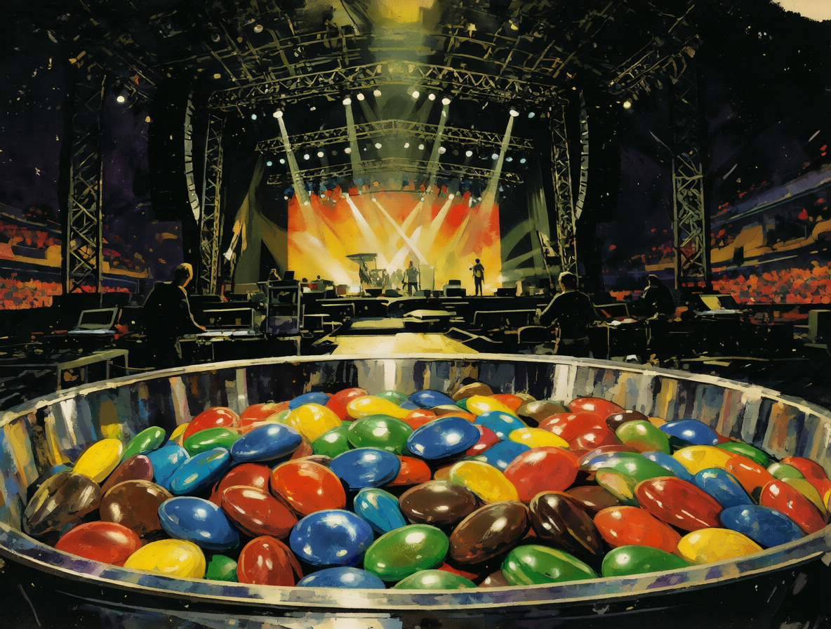Banda Van Halen junto a un bol de caramelos coloridos, representando su famoso requisito contractual.