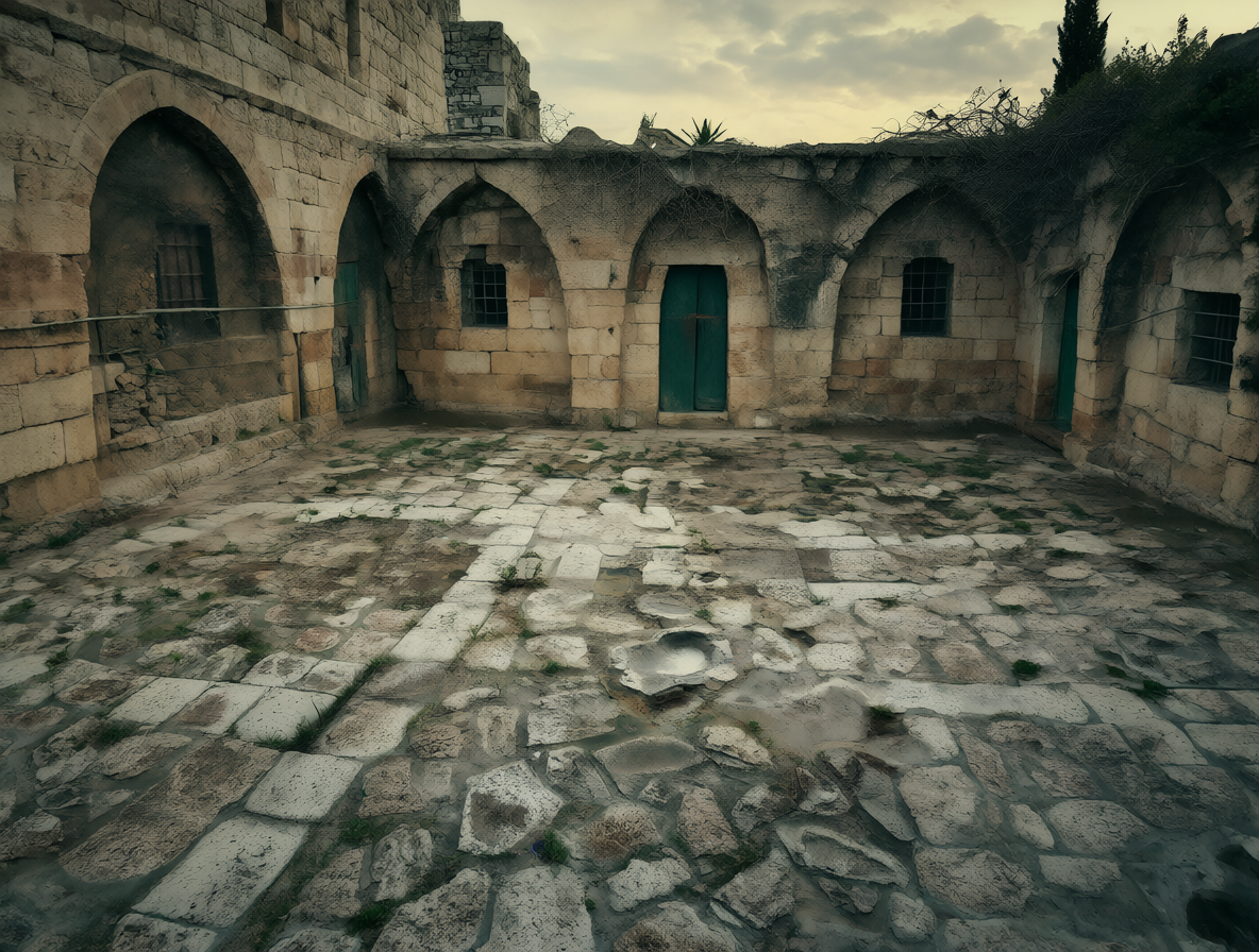 Un patio de piedra antigua y vacío bajo una luz tenue, representando el silencio divino en Israel.