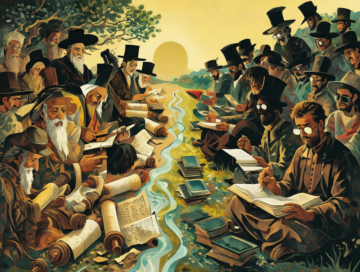 Ilustración de dos grupos separados estudiando el mismo libro con enfoques opuestos.