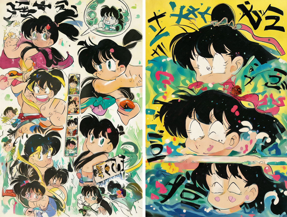 Imagen dividida mostrando la evolución artística de Ranma ½, con diseños detallados a la izquierda y versiones caricaturescas a la derecha.