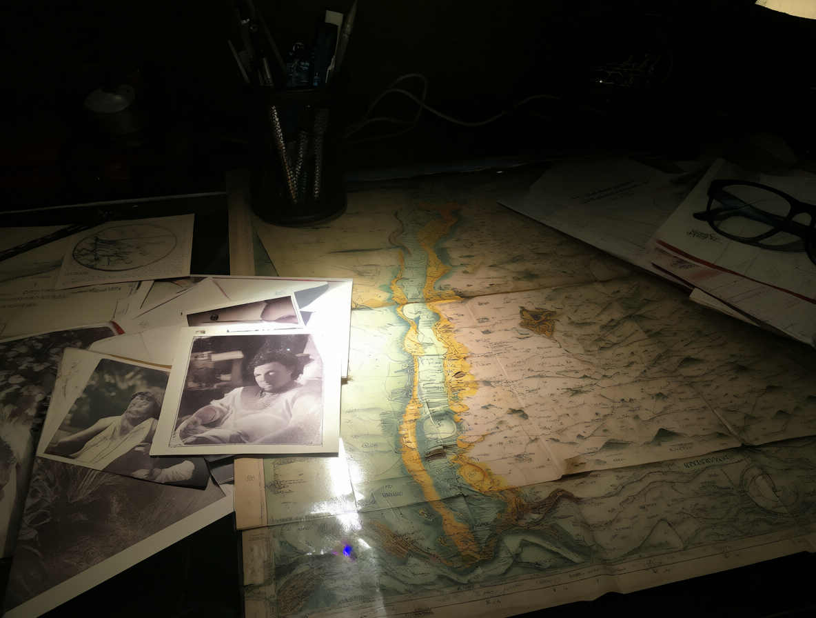 Foto de un escritorio con una foto de Felipe Camiroaga, mapas y documentos bajo luz dramática.